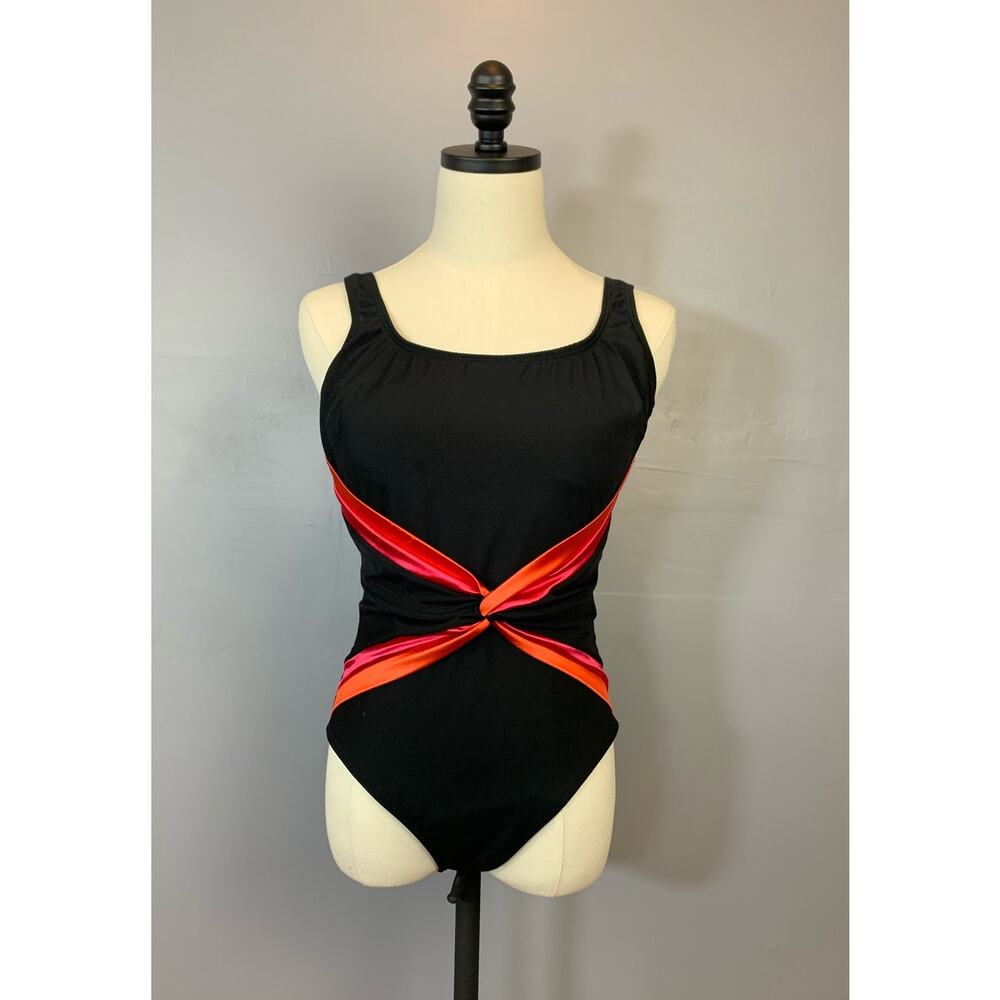 80s Robby Len One Piece Swimsuit Low Back Black Orange Pink Color Block Med